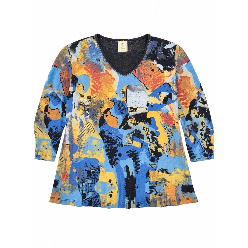 Jess & Jane Mosaic Art Abstract Rhinestone V Neck Top Small Made USA